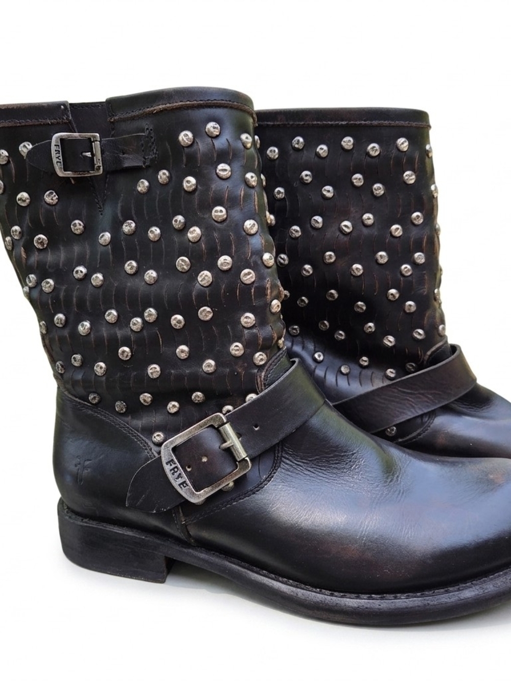 Frye Black Jenna Studded Leather Moto Boots Women's 9 B1